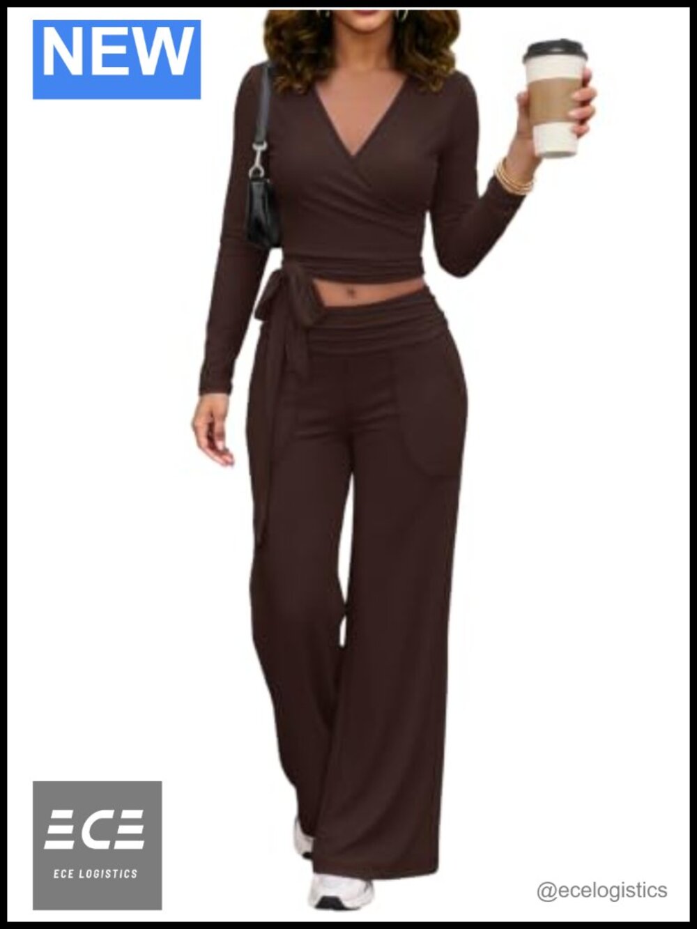 2 Piece Workout Set Long Sleeve Crop Top Wide Leg Pants Yoga
